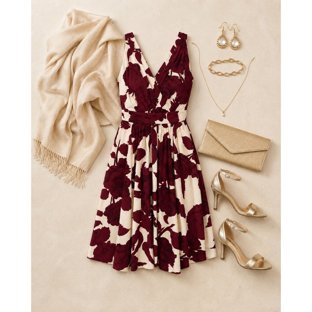 Lafayette 148 Burgundy Floral Print V-Neck Pleated Midi Dress Sleeveless Size 8